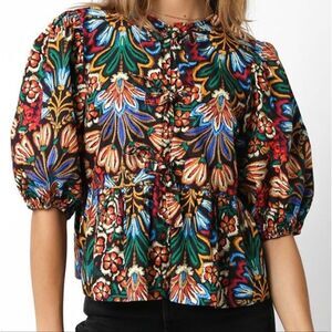 Blue and Red Peplum Blouse with Puff Sleeves Floral w Front Tie